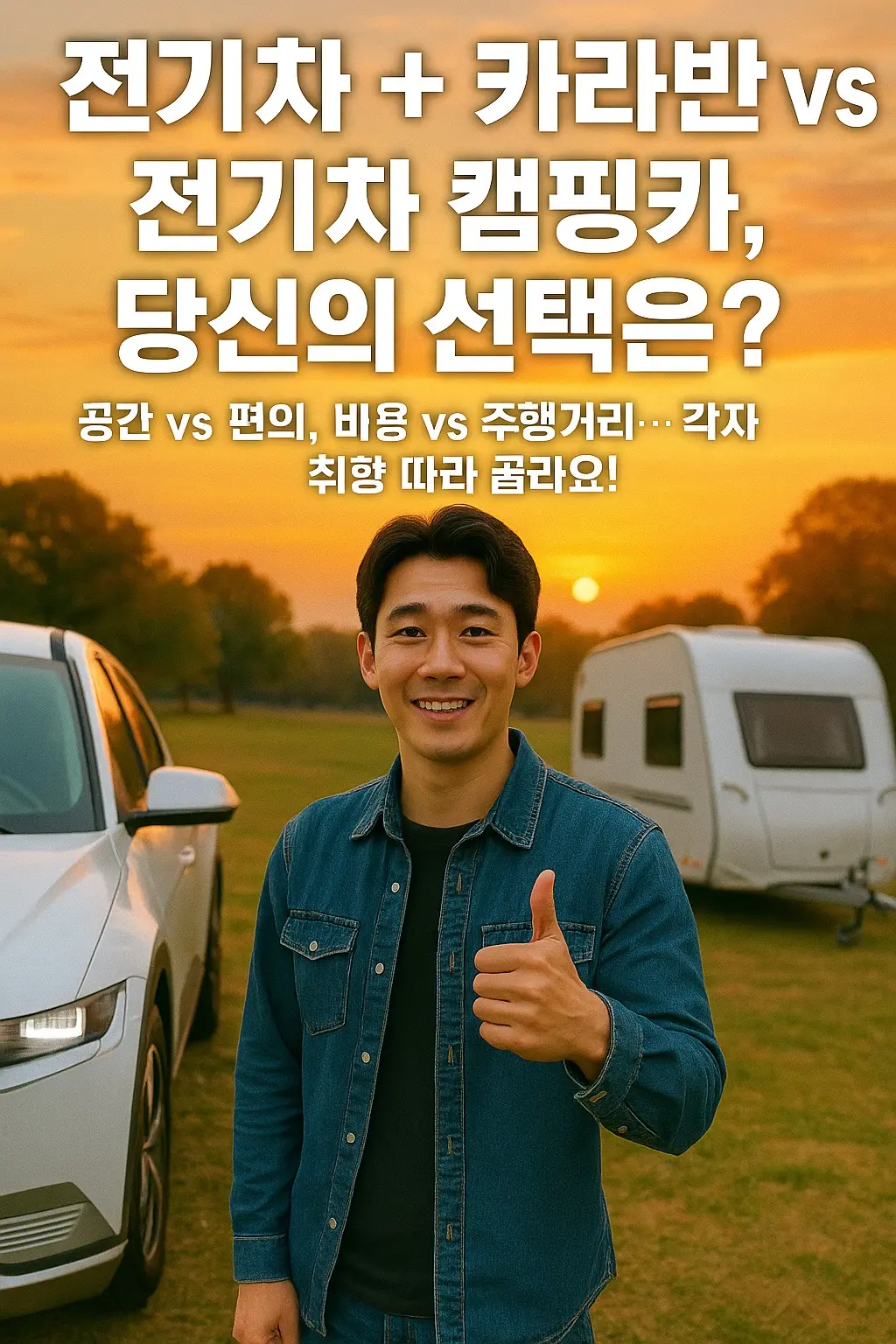 전기차 카라반 vs 전기차 캠핑카 “노을진 캠핑장, 전기차+카라반 및 전기차 캠핑카가 함께 보임. 훈남이 엄지척하며 ‘결론은 본인 취향!’ 팻말 들고 있음”