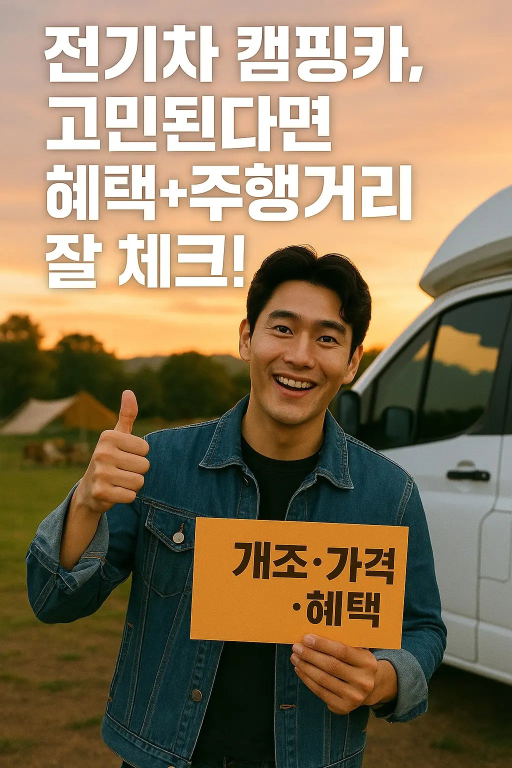 전기차 캠핑카 개조 “노을 배경, 전기차 캠핑카 옆에서 ‘개조·가격·혜택’ 팻말 들고 엄지척 하는 훈남”