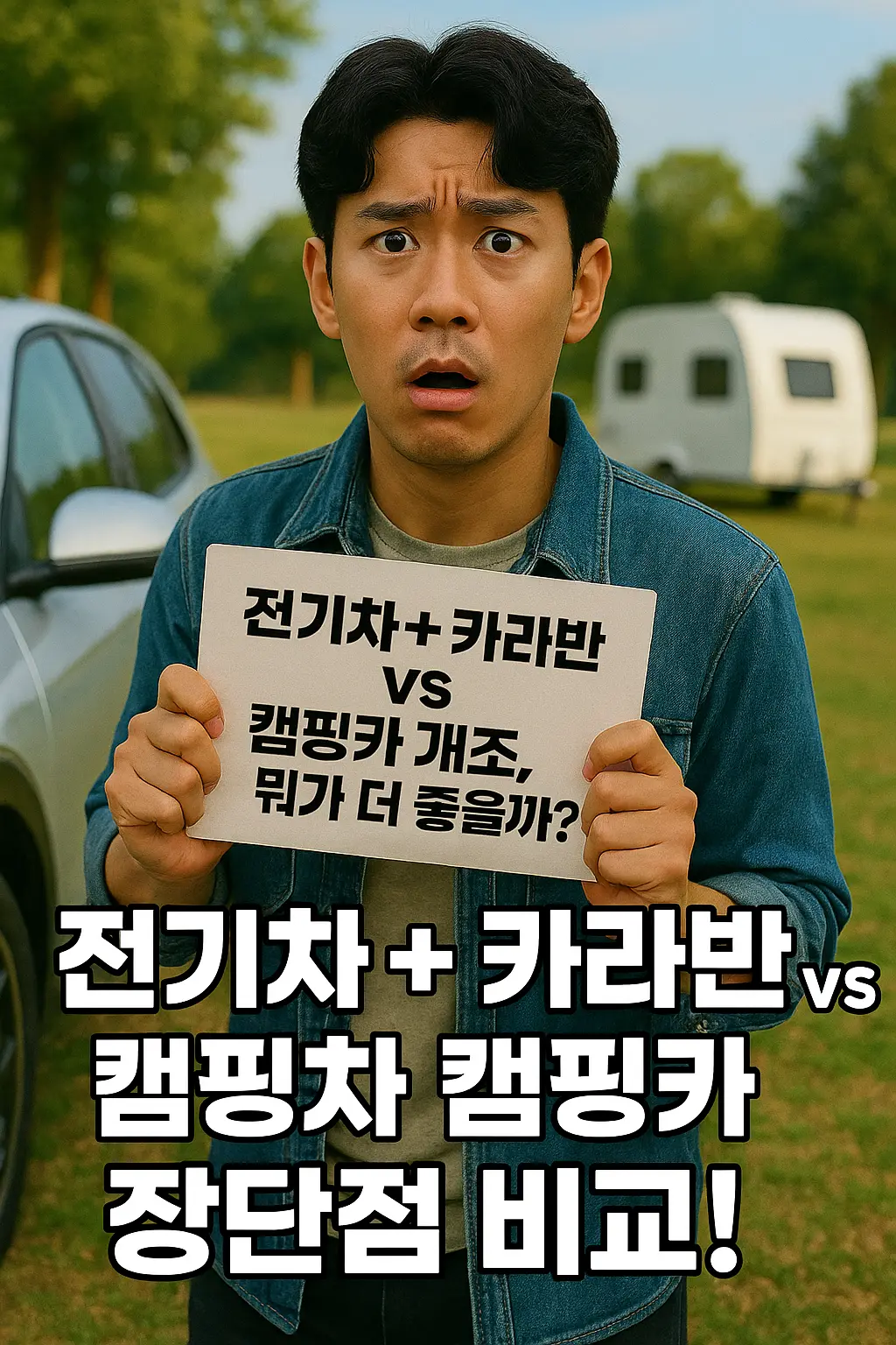 전기차 카라반 vs 전기차 캠핑카 “전기차 옆에 카라반, 그리고 전기차 캠핑카 개조된 차량이 나란히 보임. 훈남이 ‘전기차 카라반 vs 전기차 캠핑카, 뭘 고를까?’ 라는 표지판 들고 고민 중”
