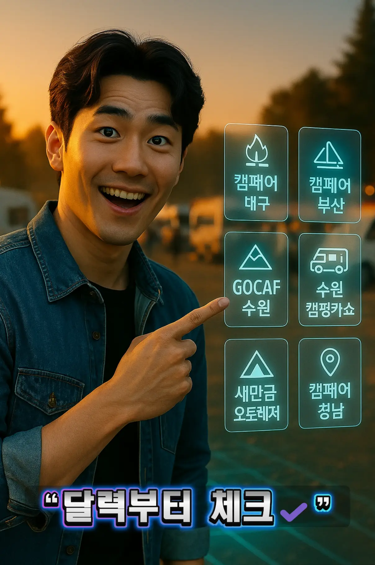 노을빛 캠핑장 배경에서 훈남 캐릭터가 2025년 하반기 6대 캠핑 전시회 메뉴(캠페어 대구·부산, GOCAF 수원, 수원캠핑카쇼, 새만금 오토레저, 캠페어 경남)를 가리키며 미소 짓는 모습