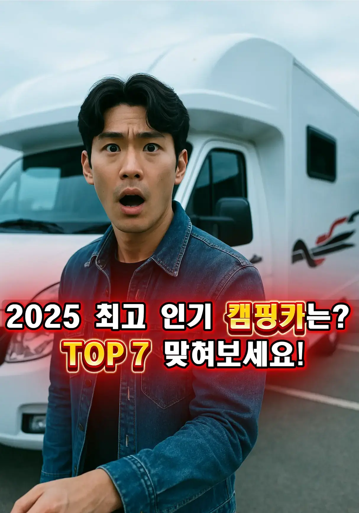 2025 국내 캠핑카 베스트 7 Surprised host in front of motorhome, teaser for 2025 campervan ranking
