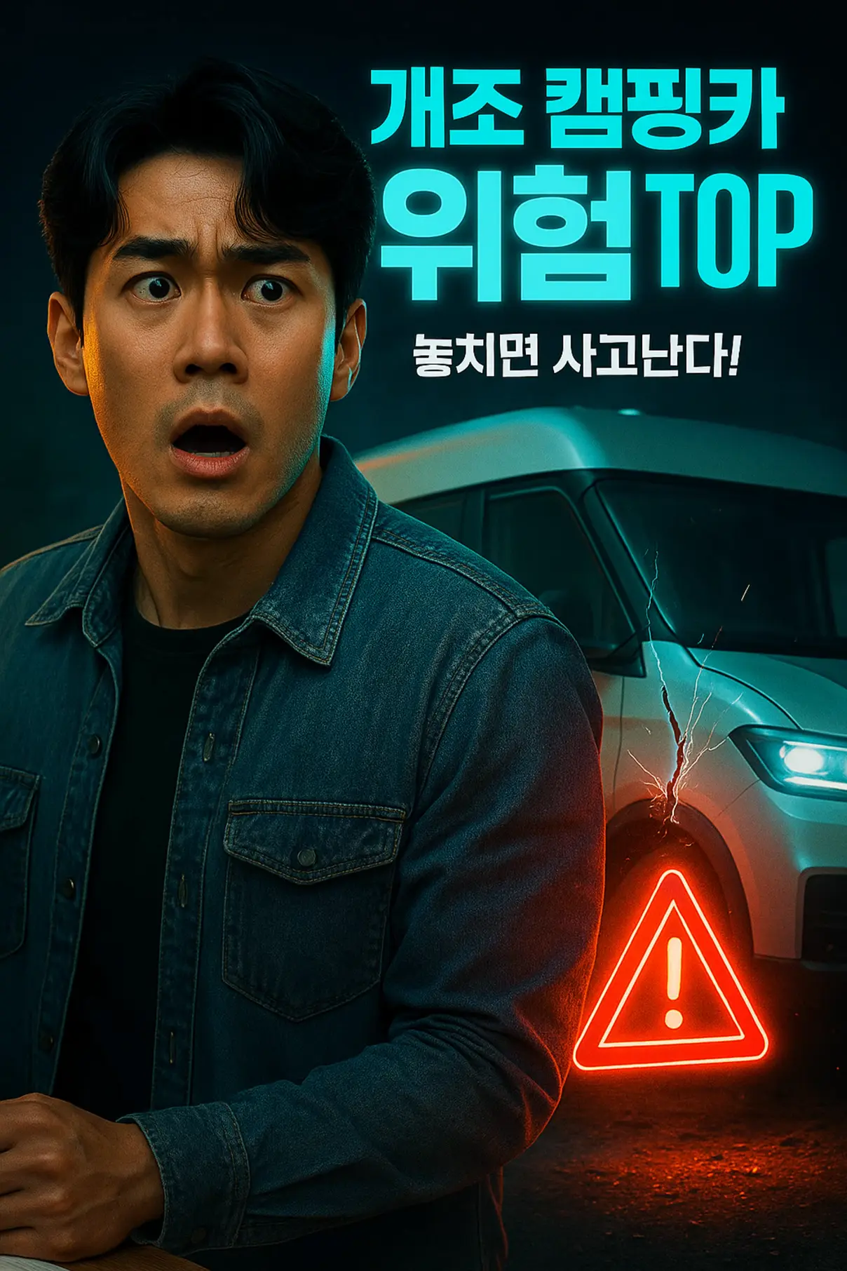 2025 캠핑카 튜닝 가이드 야간 주행 중 구조 균열 경고 삼각표시가 켜진 개조 캠핑카 앞에서 위기감을 느끼는 캠퍼