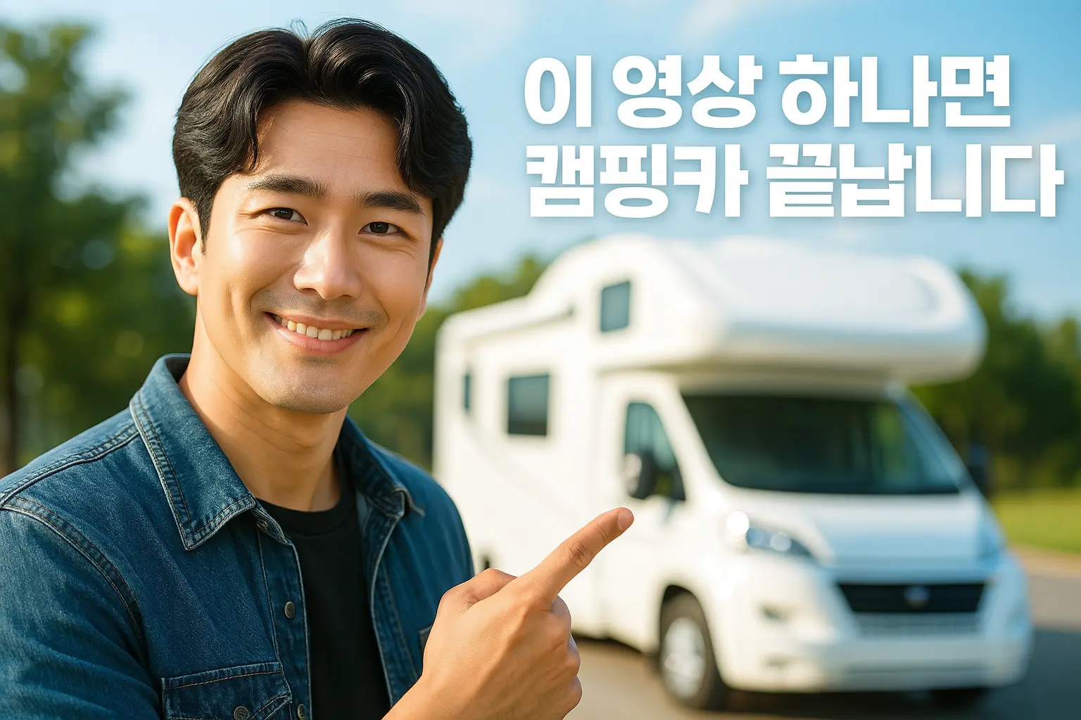 캠핑카 구매 완벽 가이드 2025  "캠핑카를 배경으로 정보를 안내하는 남성"