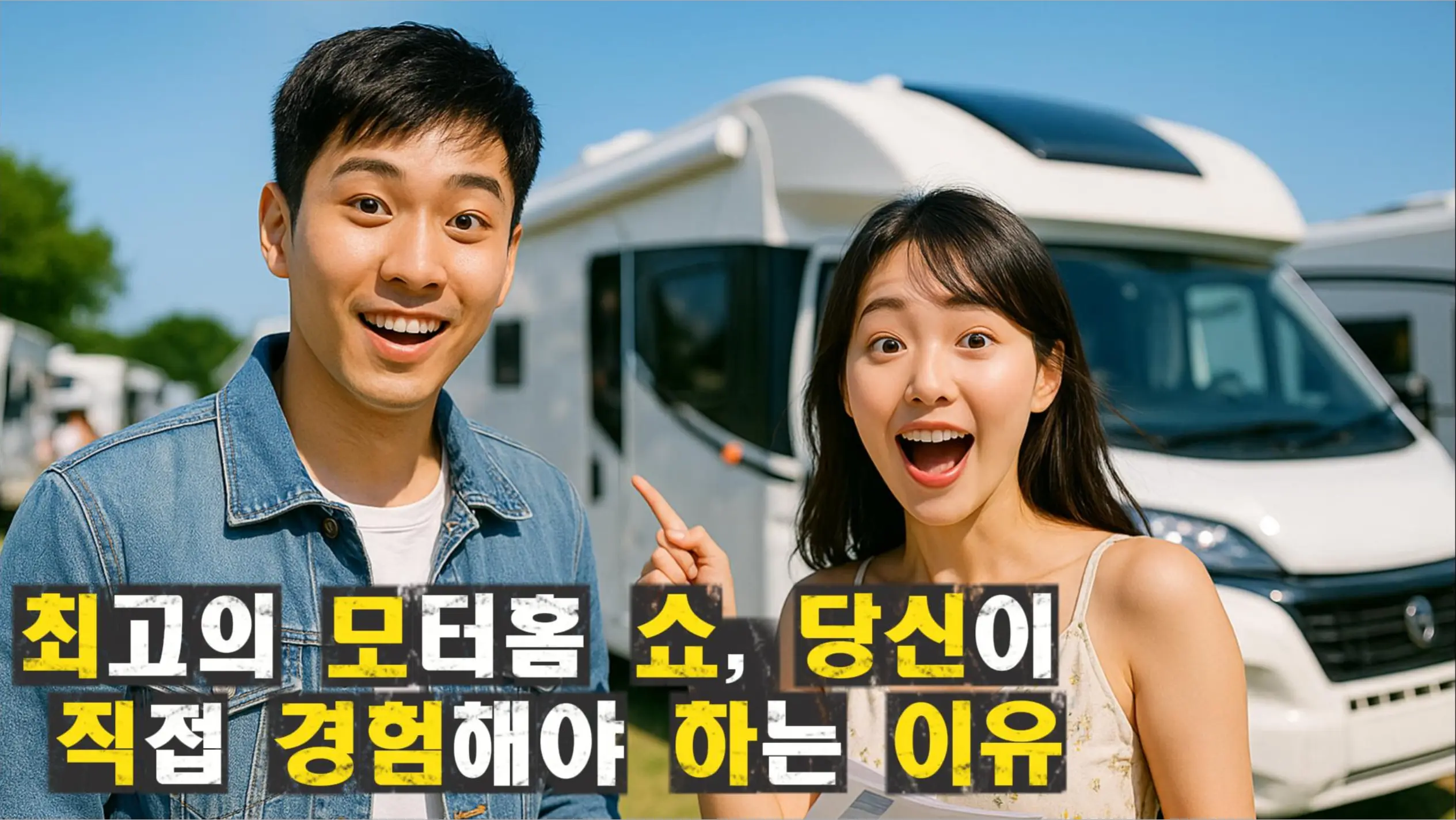모터홈 쇼 추천 이유 캠핑카를 배경으로 웃고 있는 남녀 관람객