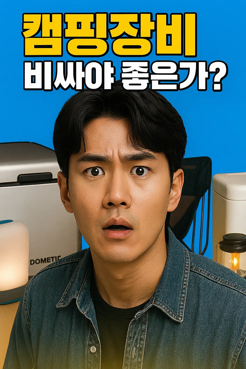 밴라이프 고급장비 vs 가성비 리스트 놀란 표정을 짓고 있는 캠핑 남성과 고가 장비들(Dometic 쿨러, 고급 체어, 랜턴 등)