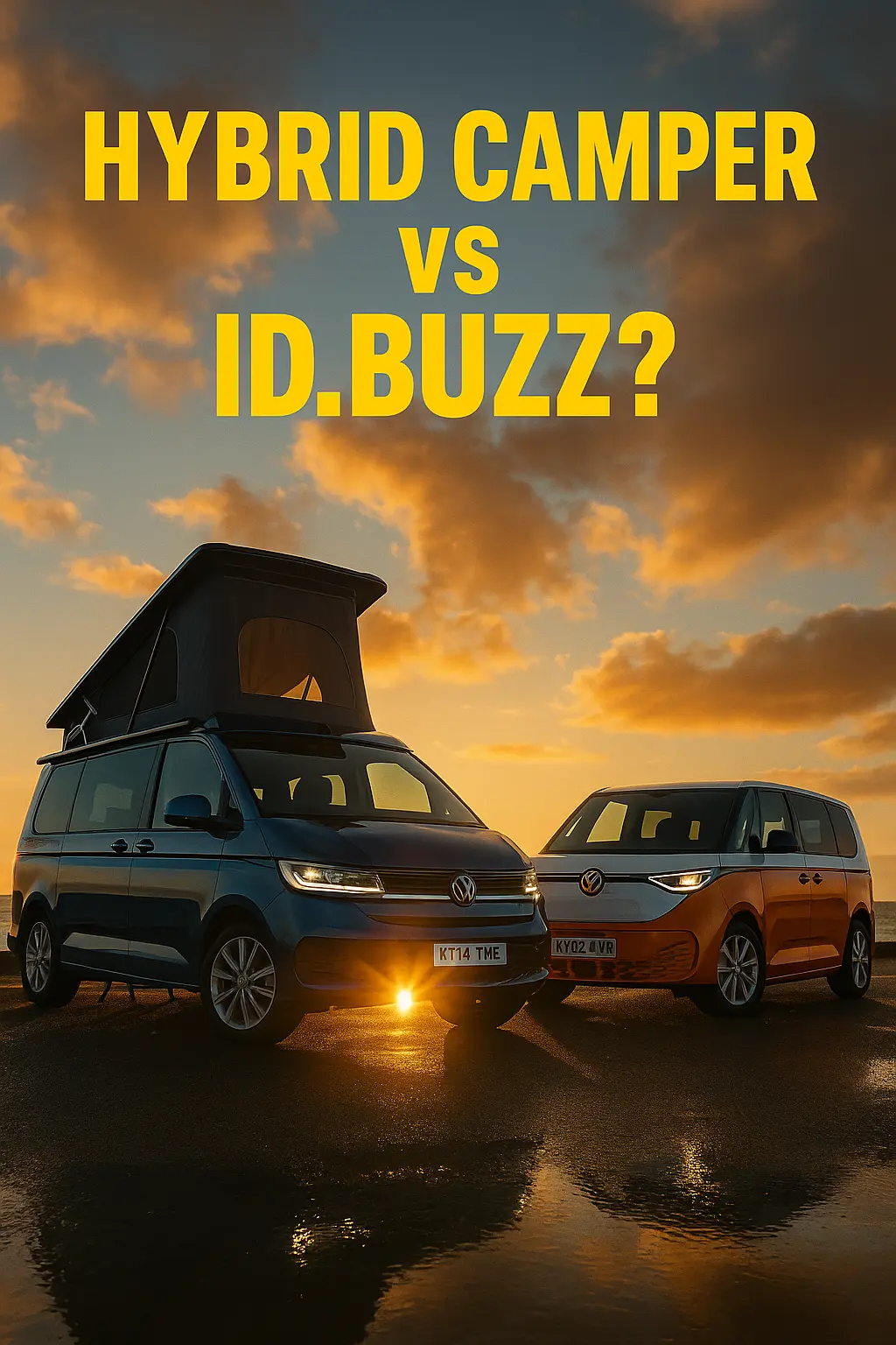 해질녘 해변 도로에 나란히 선 폭스바겐 캘리포니아 eHybrid와 ID.Buzz