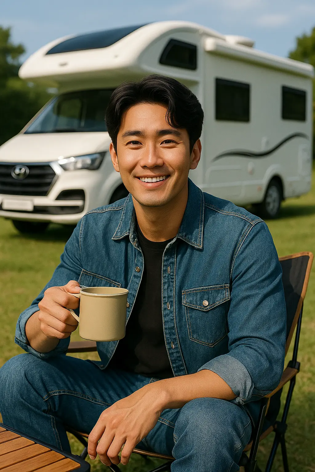 기아 EV 차박 리뷰 “캠핑카 앞 잔디밭에서 머그컵을 들고 미소 짓는 남성 – EV 차박 휴식”