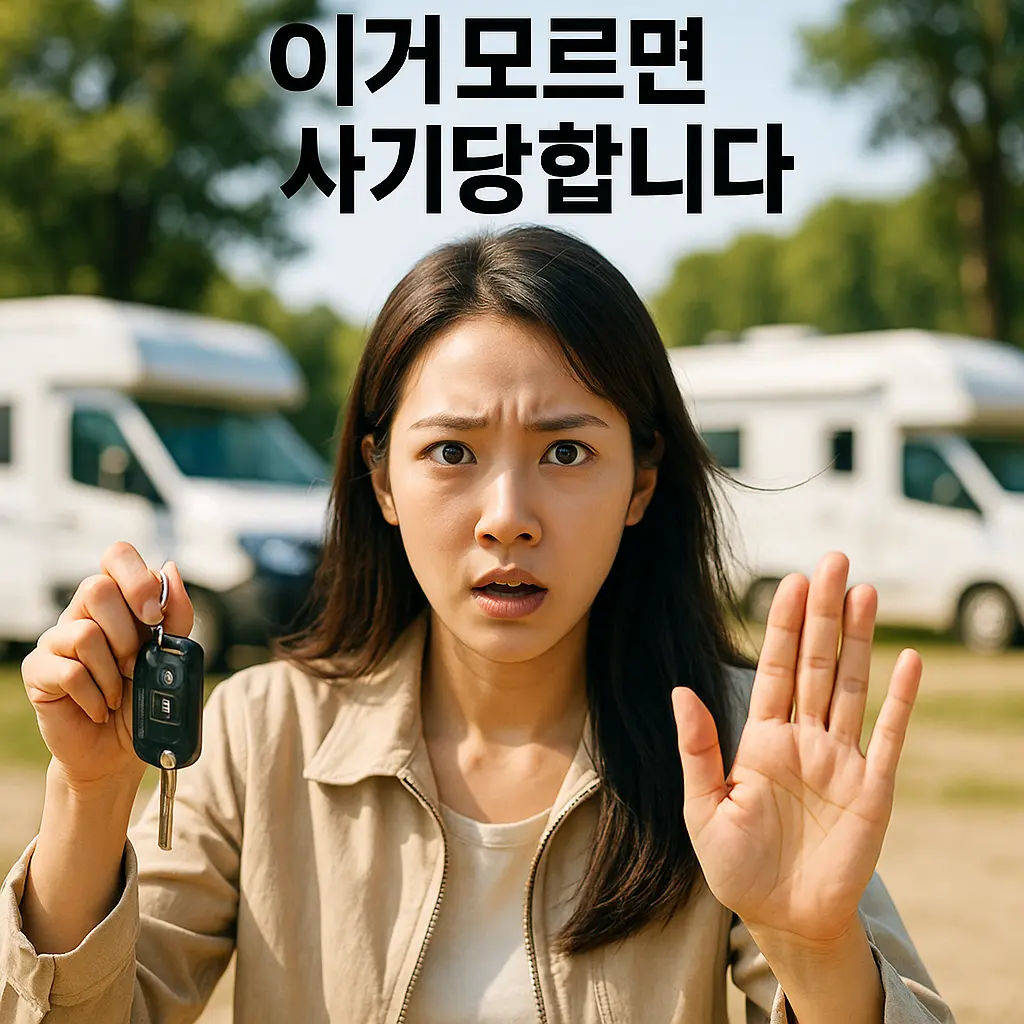 중고 캠핑카 거래 가이드 "차키를 들고 거래 위험을 알리는 여성"