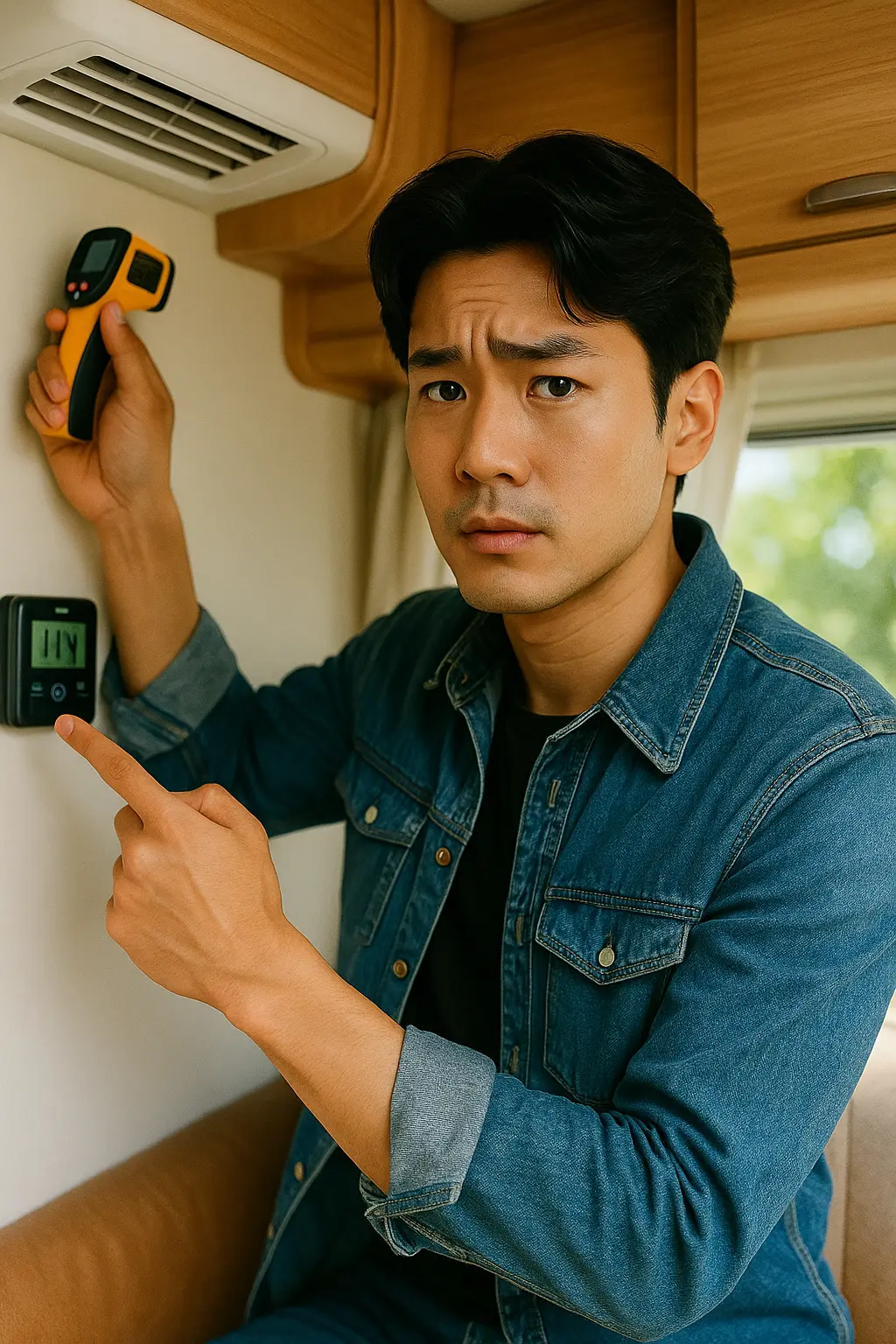 캠핑카 구매 팁 마스터 실내 온도계를 가리키며 단열 문제를 설명하는 남성