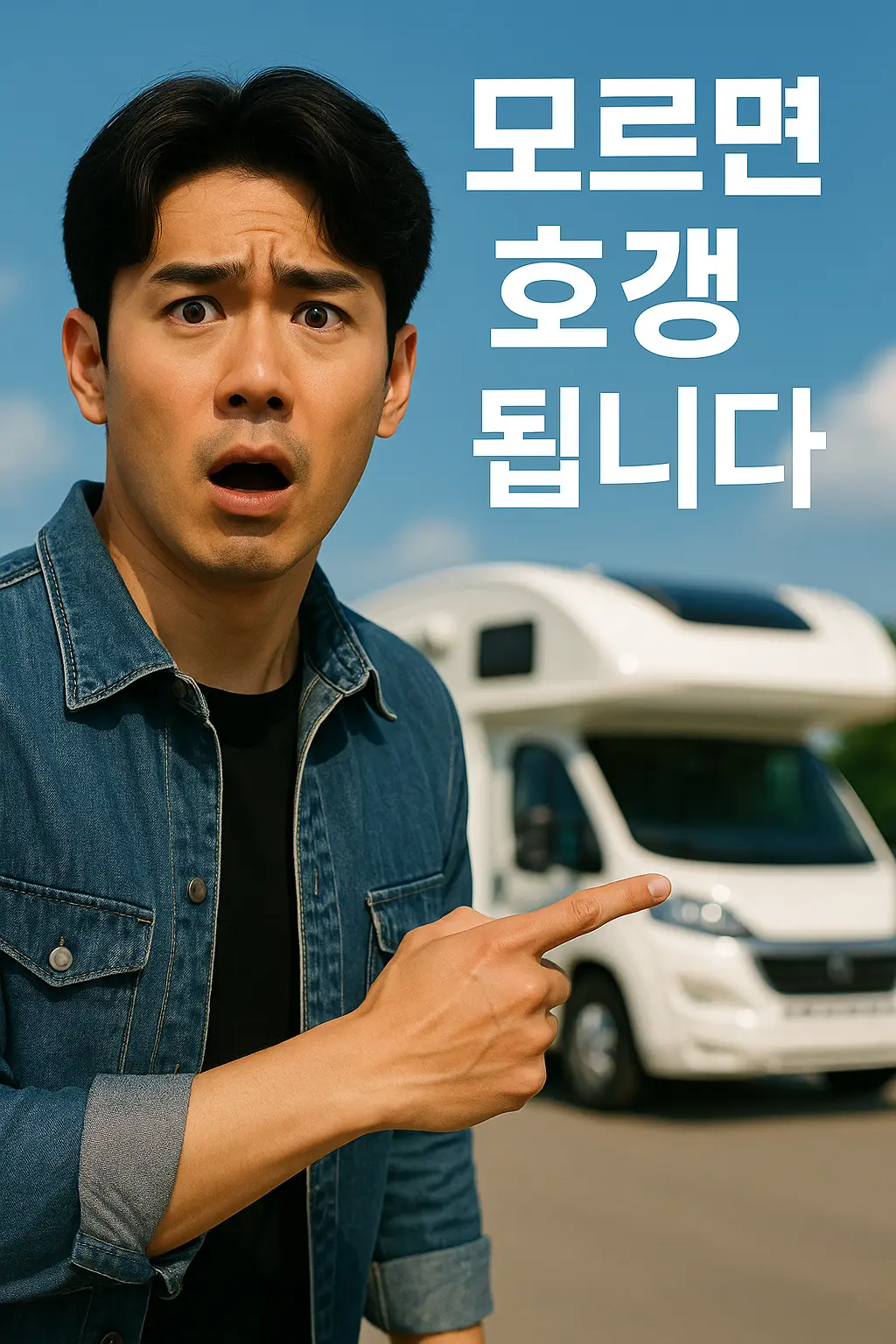 캠핑카 구매 팁 마스터 놀란 표정으로 캠핑카를 가리키는 남성