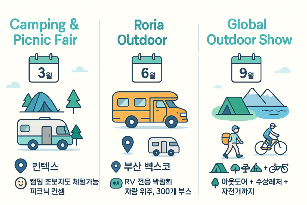 모터홈 쇼 추천 이유 2025년 국내 모터홈·캠핑카 쇼 일정을 아이콘으로 요약한 그래픽