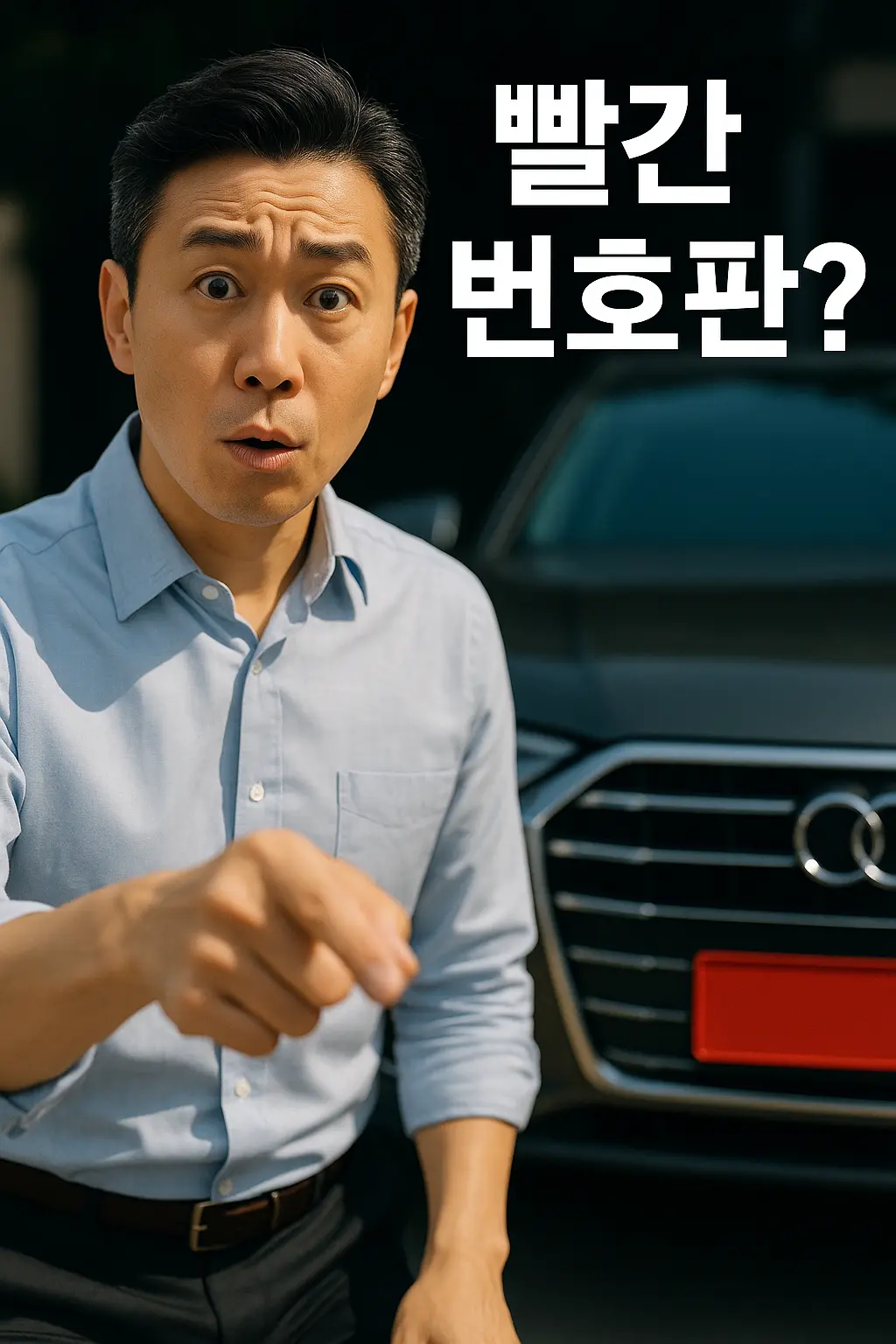 놀란 표정으로 빨간 번호판 차량을 가리키는 남성 운전자