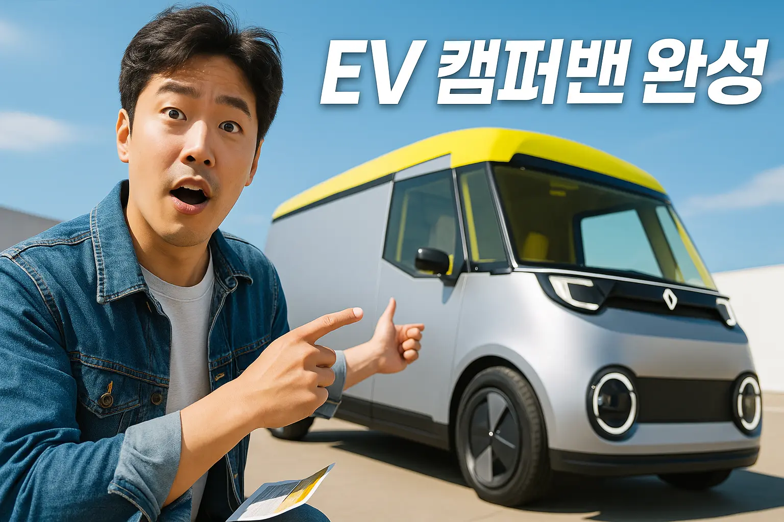 르노 전기 캠퍼밴 FlexEVan(Estafette 컨셉)을 가리키며 놀란 표정으로 소개하는 한국 남성. 차량은 실버색의 모던한 외관에 노란색 지붕이 돋보이는 레트로 퓨처리즘 디자인을 하고 있으며, 우측 상단에 "EV 캠퍼밴 완성"이라는 문구가 보인다.