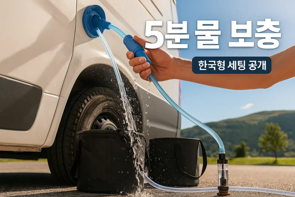 캠핑카 주입구에 파란 호스를 체결해 물을 채우는 장면, 물줄기와 양동이 두 개가 보임