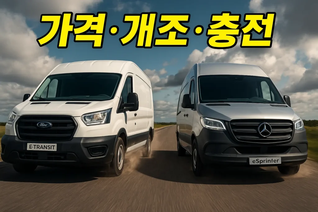고속도로를 달리는 포드 E-Transit(좌)와 메르세데스-벤츠 eSprinter(우) 전기 밴, ‘가격·개조·충전’ 비교 주제를 강조한 장면