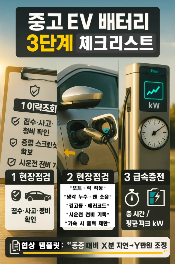 중고 전기차 배터리 진단 체크리스트 중고 EV 배터리 3단계 체크리스트’ 인포그래픽(이력조회·현장점검·급속충전)