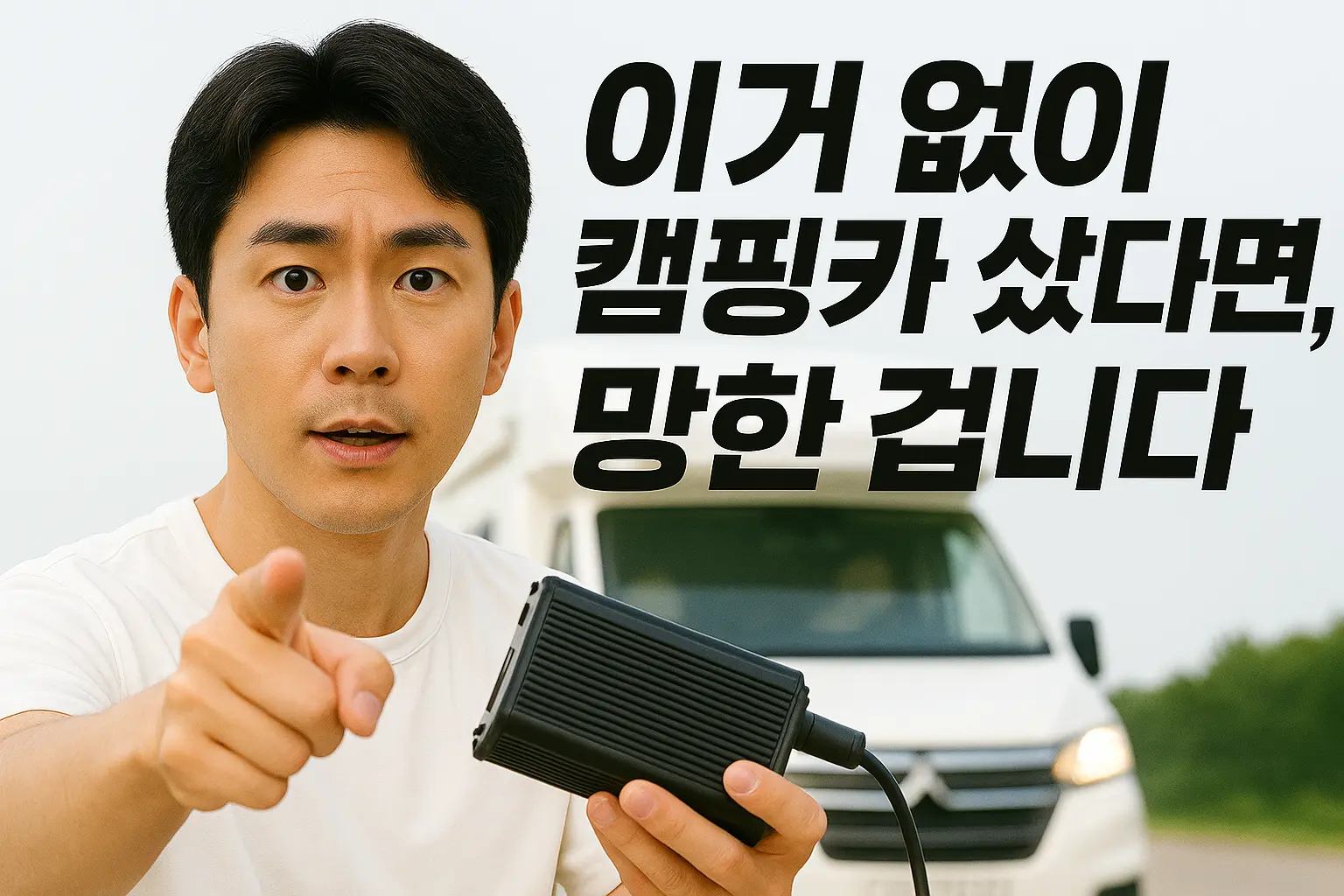 "캠핑 인버터 문제를 지적하는 남성 캠퍼""캠핑 전력 인버터 가성비 분석 – 잘못 선택하면 낭패">