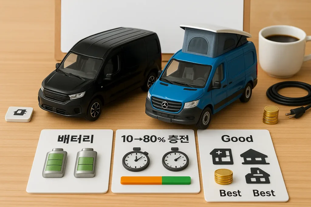 전기 캠퍼밴 충전 속도 비교 가이드 책상 위 미니어처 밴(블랙 밴, 팝톱 장착 블루 eSprinter)과 배터리·10→80% 충전·Good/Best 카드 아이콘, 동전·전원 코드 소품