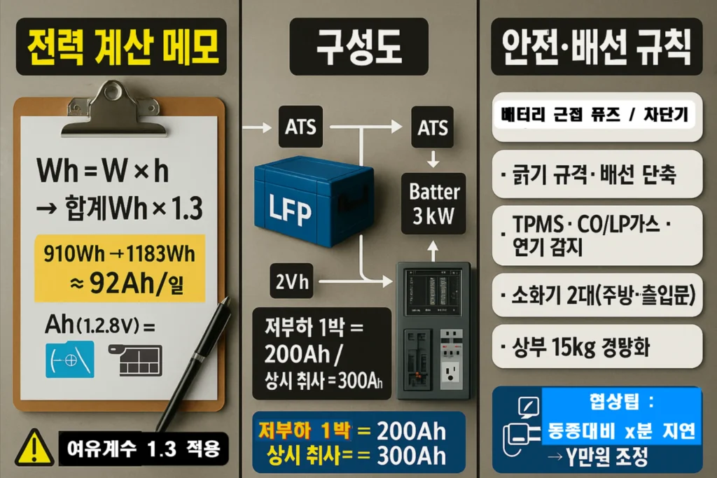 인산철 200-300Ah EV 차박 전력 설계 전력 계산 메모, 간단 구성도, 안전·배선 규칙 요약