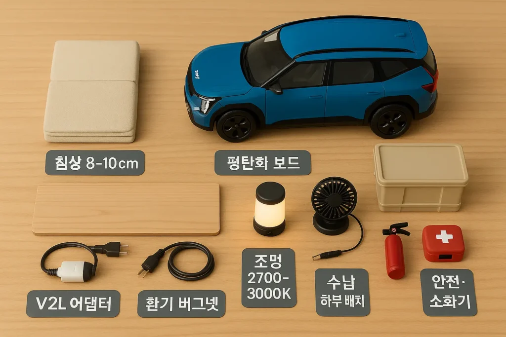 평탄화 보드, 8~10cm 매트, V2L 어댑터, 버그넷, 조명, 소화기 등 EV9 차박 준비물 플랫레이