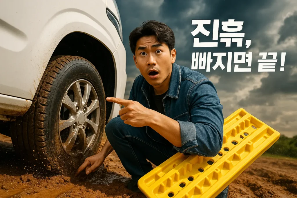캠핑카 타이어 관리 가이드 진흙에 빠져 헛도는 캠핑카 타이어와 노란 사다리를 든 캠퍼"