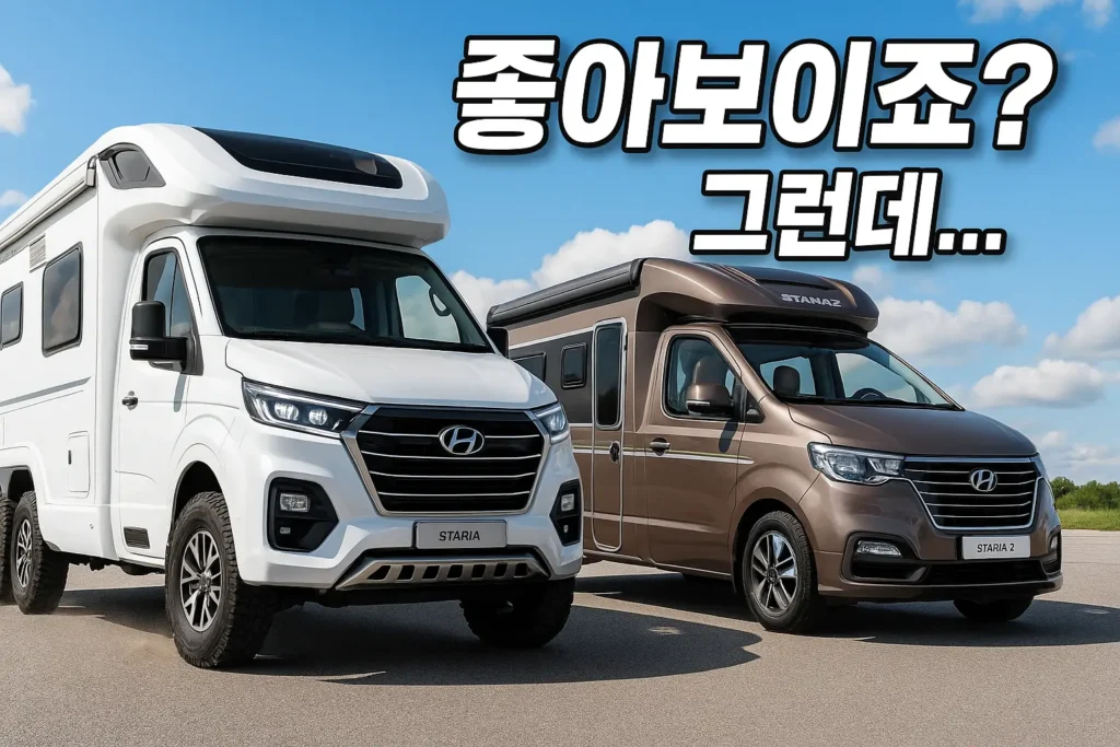 스타리아 캠퍼밴 vs 6×6 비교 분석 "스타리아 캠퍼밴과 6×6 오프로드 캠퍼 나란히 선 모습"