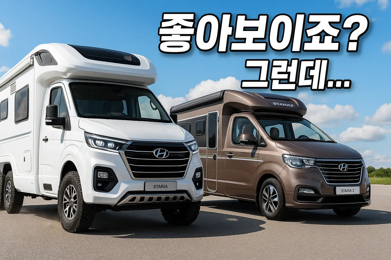 스타리아 캠퍼밴 vs 6×6 비교 분석 "스타리아 캠퍼밴과 6×6 오프로드 캠퍼 나란히 선 모습"