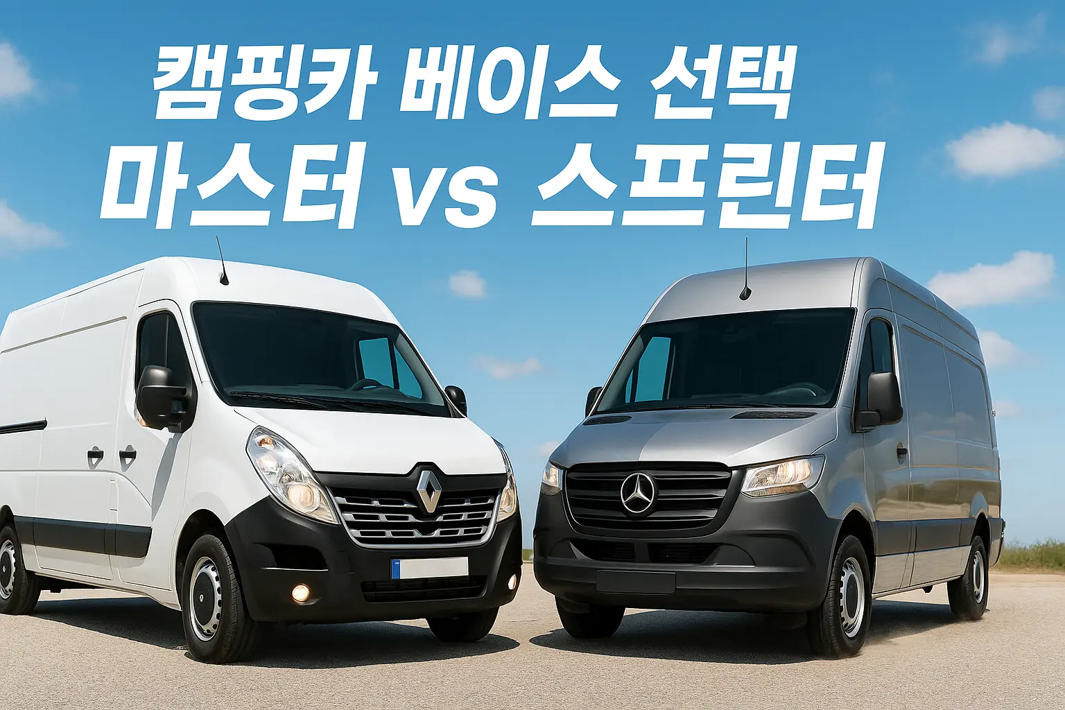 르노 마스터 캠핑카 개조 가이드 르노 마스터와 메르세데스 스프린터가 나란히 선 정면 사진, 캠핑카 베이스 비교용
