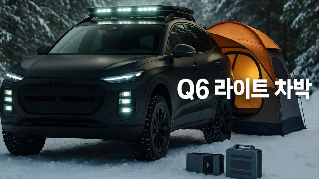 겨울 숲 배경의 Q6 e‑tron과 해치 텐트, 라이트 차박 커버 이미지