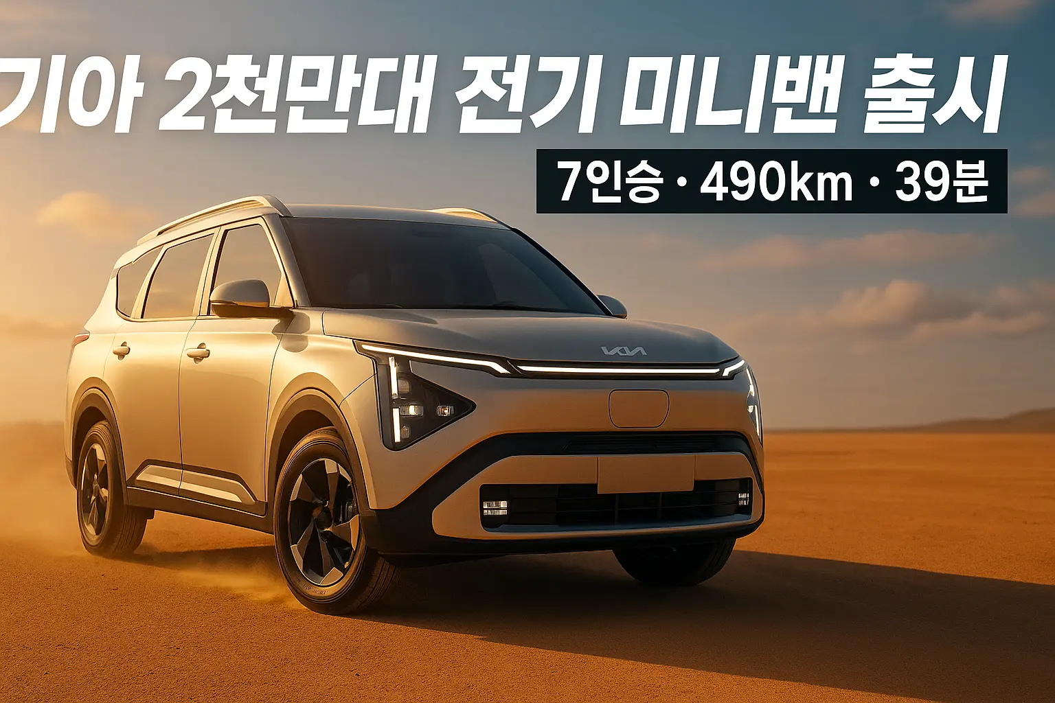 카렌스 클라비스 EV 인도형 스펙·가격 총정리 “사막 도로를 달리는 카렌스 클라비스 EV 정측면, 7인승 전기 미니밴”
