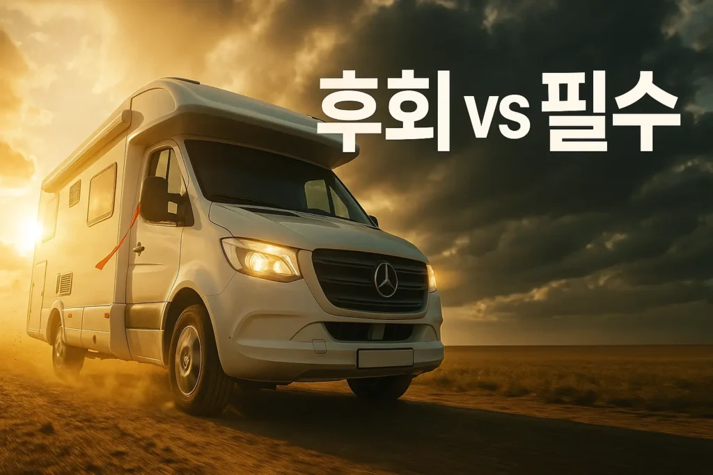 캠핑카 옵션 비용 절감 가이드 노을 속을 달리는 캠핑카, ‘후회 vs 필수’ 문구가 보이는 장면