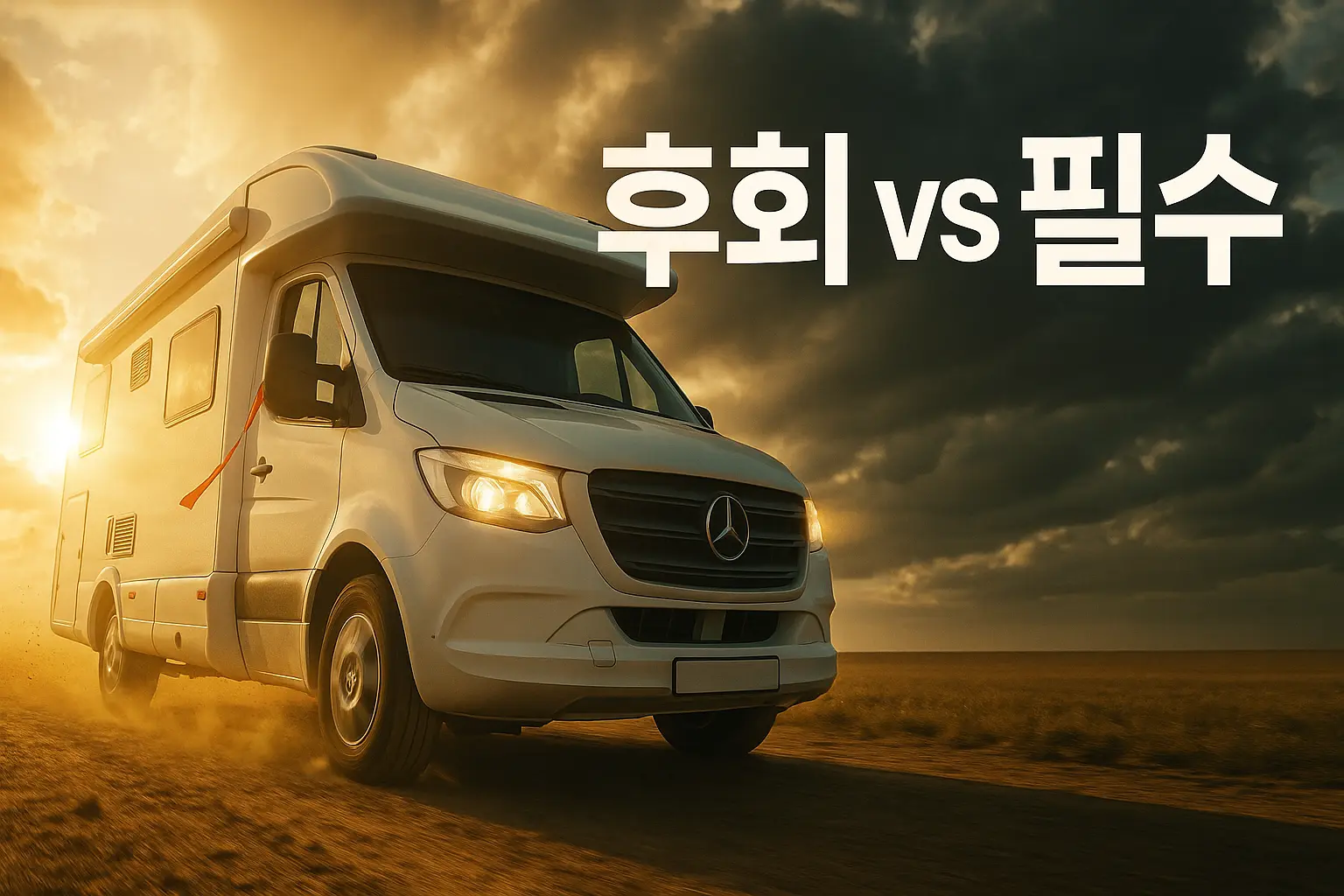 캠핑카 옵션 비용 절감 가이드 노을 속을 달리는 캠핑카, ‘후회 vs 필수’ 문구가 보이는 장면
