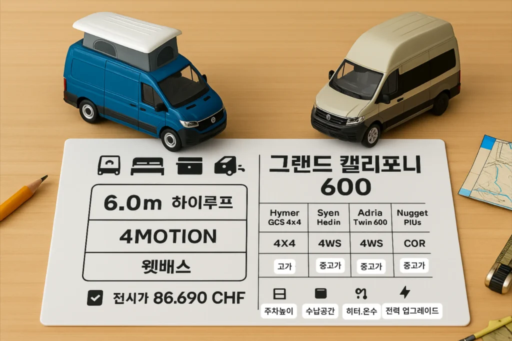 그랜드 캘리포니아 600 4MOTION 사양 정리 6m 하이루프 캠퍼 두 모델과 비교 카드(4MOTION, 웻배스, 전시가 등 핵심 항목)