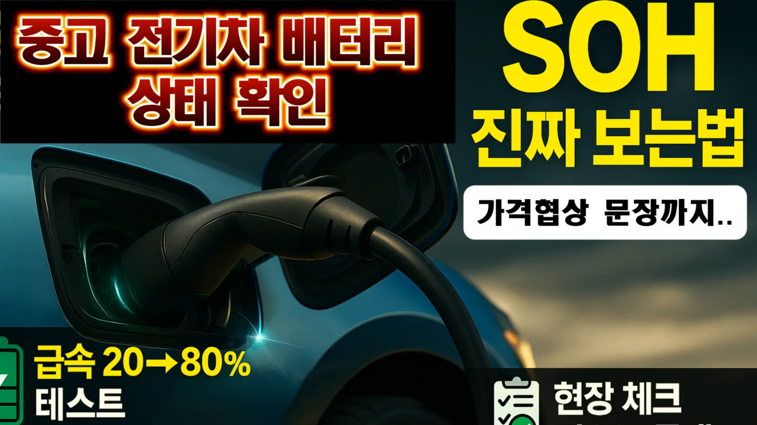 중고 전기차 배터리 진단 체크리스트 전기차 급속충전 커넥터 클로즈업과 ‘배터리 상태 확인·SOH 진짜 보는 법’ 문구