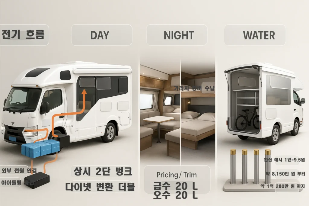크레손 저니 EVOLITE 제원표 EVOLITE 전기 흐름 개념도, 낮/밤 레이아웃, 후방 가라지 수납 구조