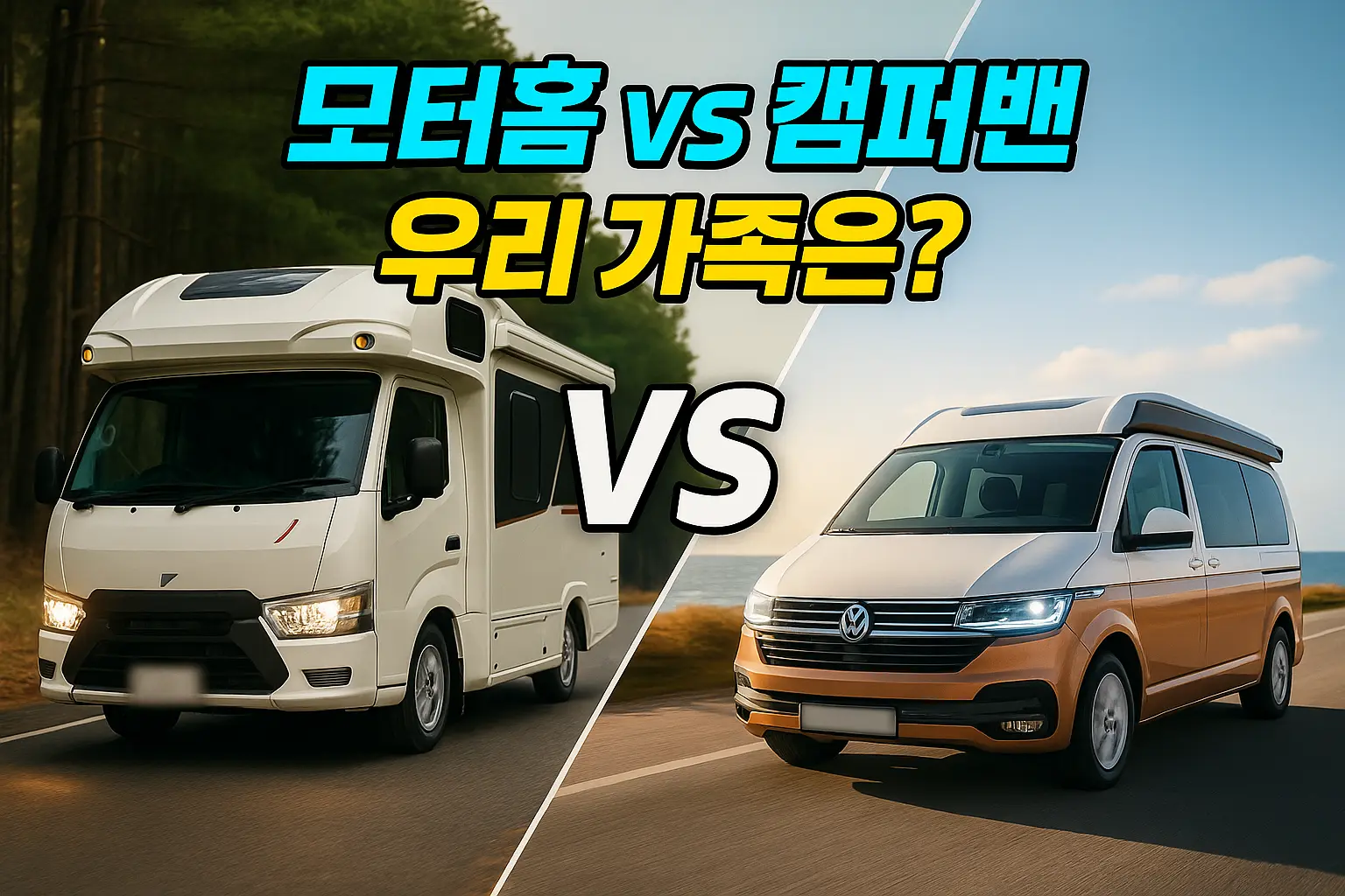 모터홈과 캠퍼밴 차이 총정리 가이드 숲길을 달리는 모터홈과 해안도로의 캠퍼밴을 나란히 비교한 장면