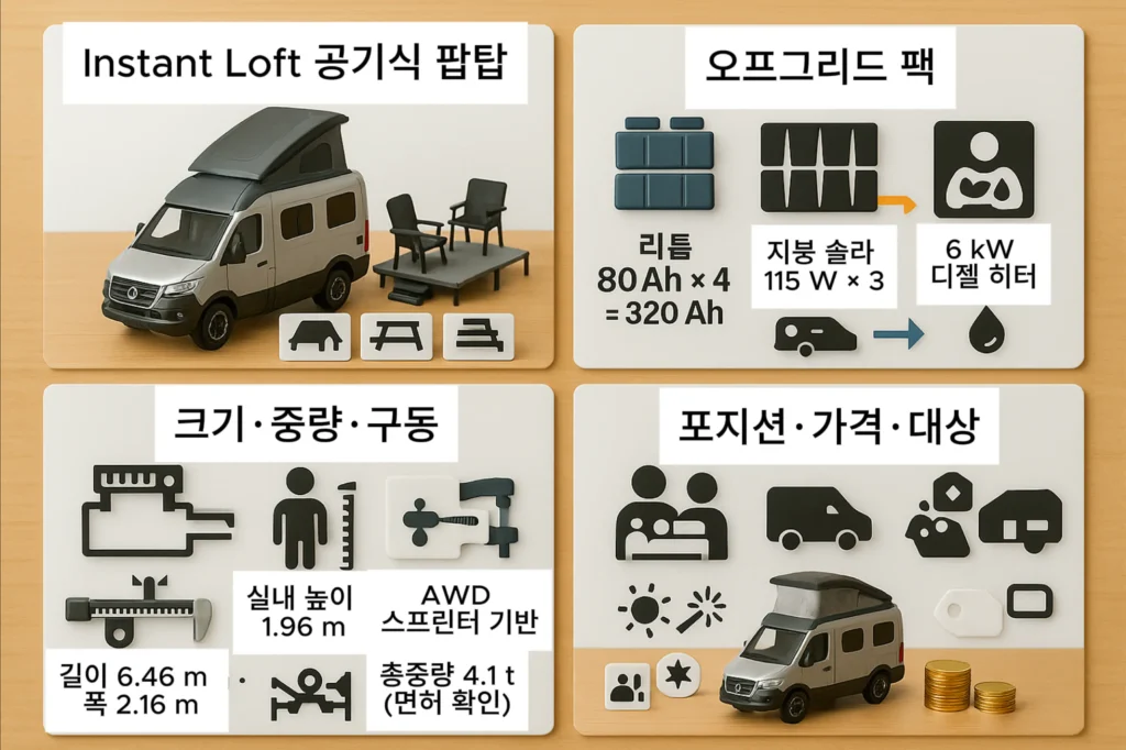 HYMER Venture S 협폭 세미통합 리튬 320Ah·115W×3 솔라·6kW 히터·치수 정보를 아이콘으로 정리한 보드