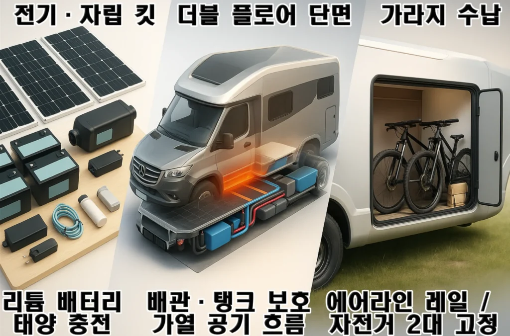 하이머 ML‑T 570 크로스오버 리뷰 “리튬 배터리·태양광 패널·더블 플로어 단면·가라지 에어라인 레일 요약 이미지”