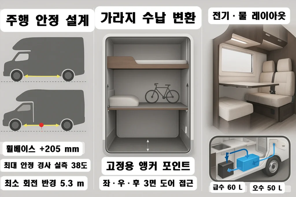 레가드 네오 플러스 제원표 가라지 수납 변환과 전기·물 레이아웃을 보여주는 내부 도해