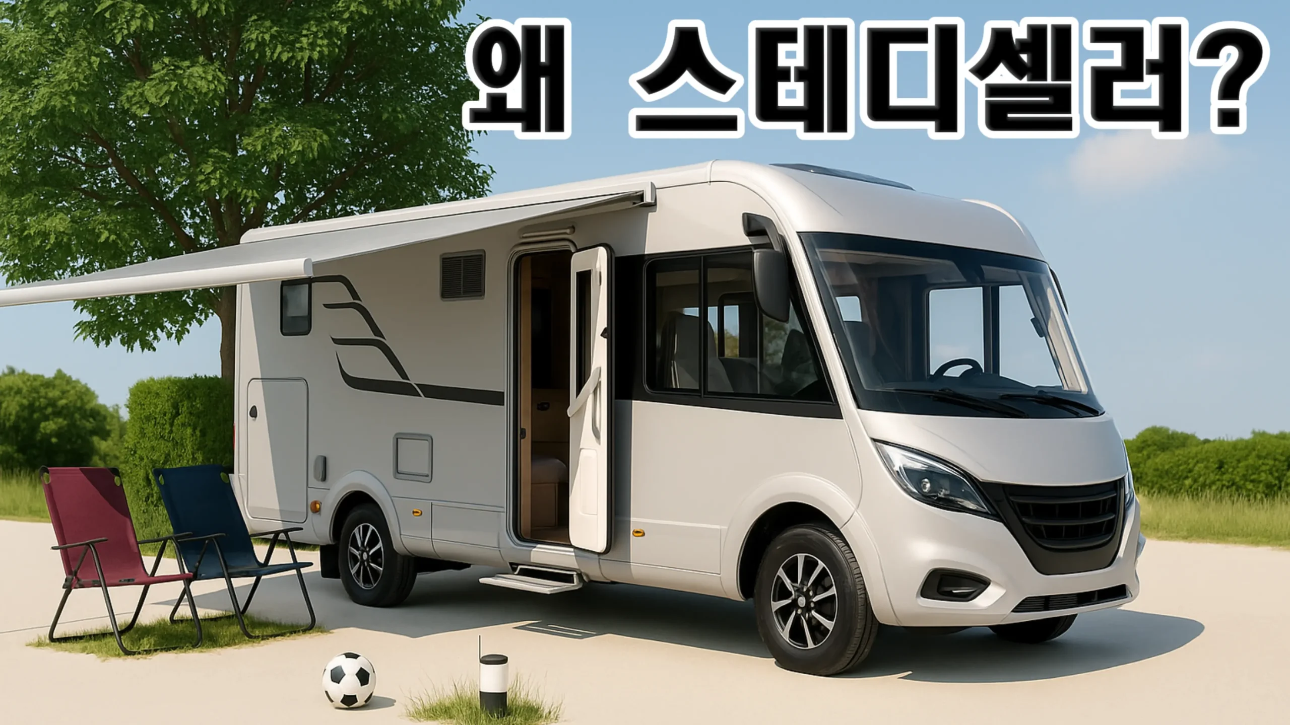 하이머 B-클래스 모던컴포트 리뷰 “통합형 하이머 B‑클래스 모던컴포트, 어닝 펼친 상태의 측면 전경”