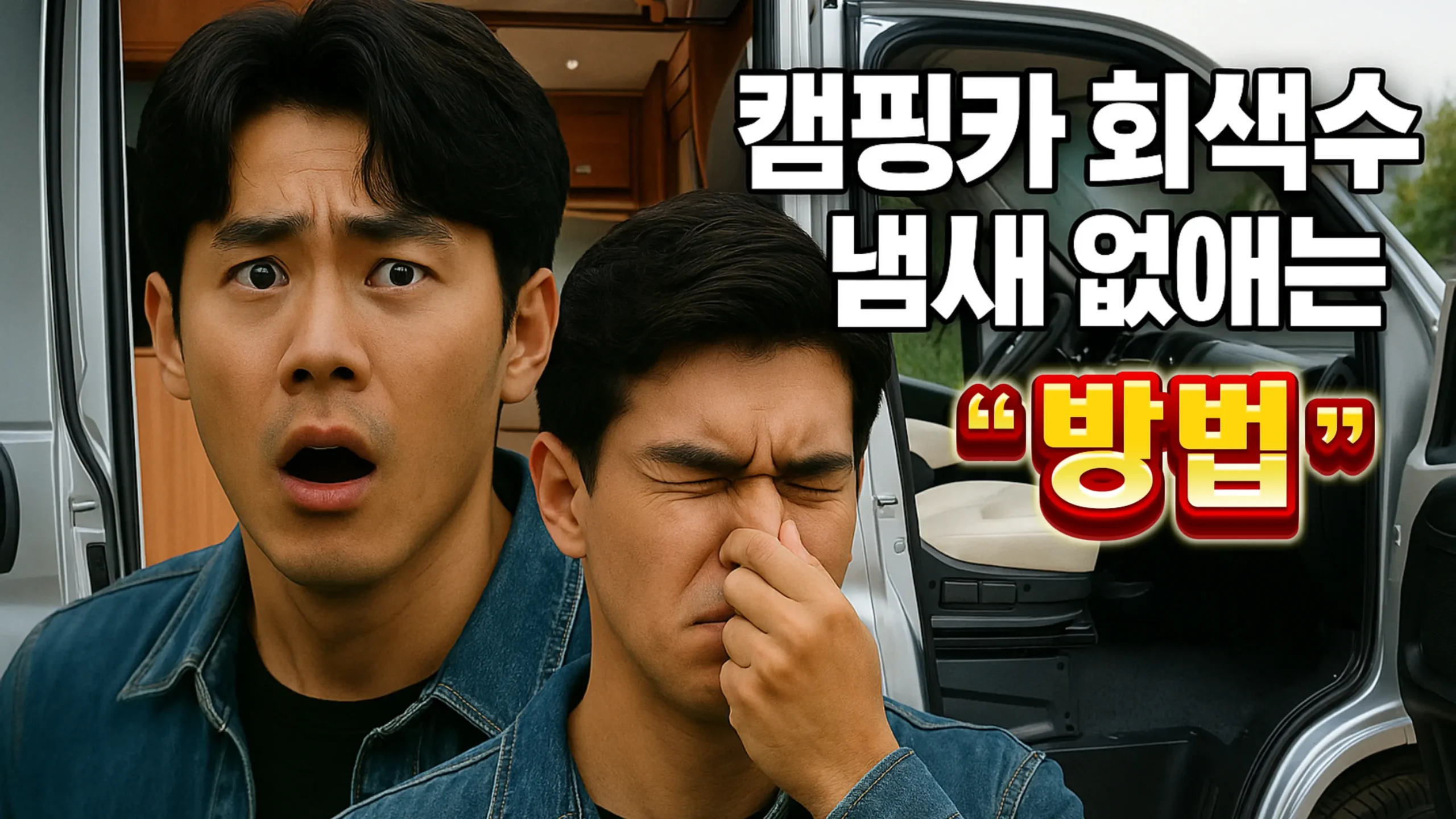 RV 문 옆에서 코를 막는 한국 남성, 모터홈 회색수 배출 가이드 절차서의 핵심 문제를 상징