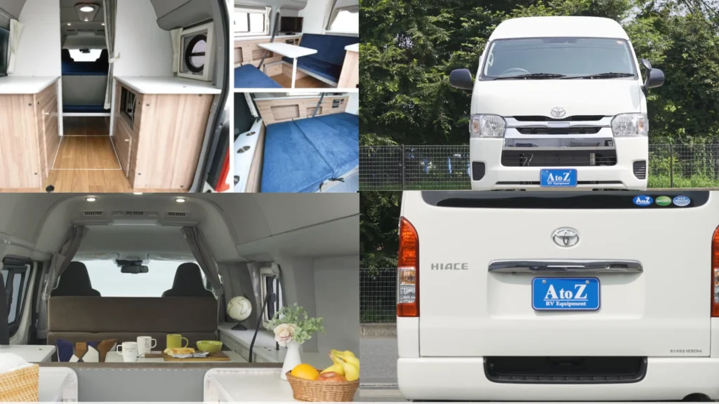 5인 전좌석 캠핑카 추천 “실내 전개 콜라주: 리빙모드 테이블, 플랫모드 침대, 후방 수납, 전면·후면 외관”
