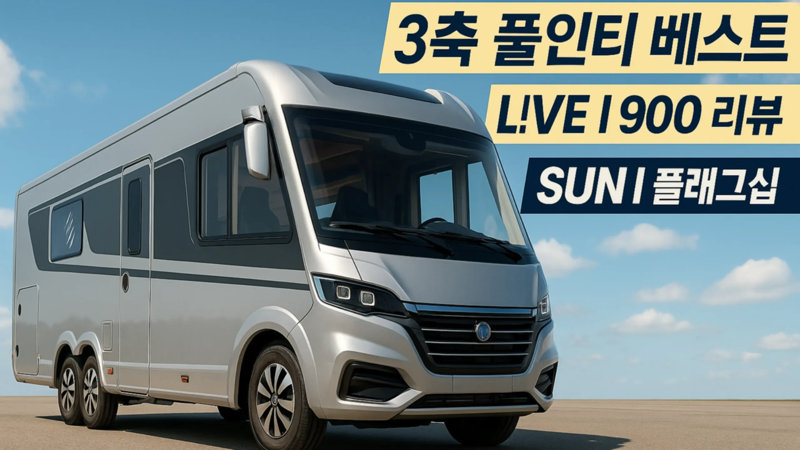 맑은 하늘 아래 주차된 3축 통합형 캠핑카 Knaus L!VE I 900, 전면 사선 히어로 샷과 ‘3축 풀인티 베스트·L!VE I 900 리뷰·SUN I 플래그십’ 배너 문구