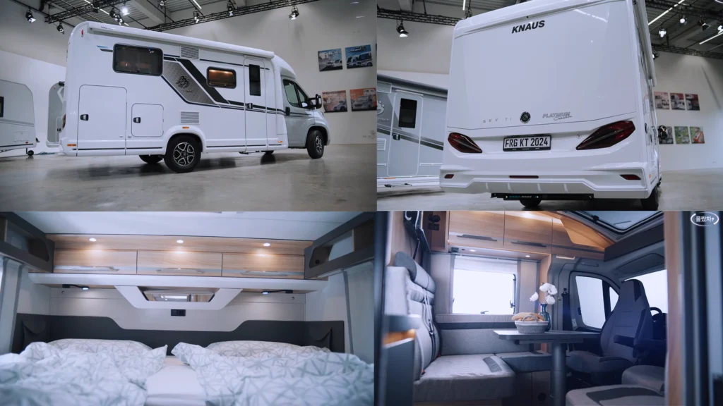 Knaus Sky TI 700 MEG Knaus Sky TI 실내외 디테일 콜라주, 트윈 베드와 L자 라운지, 후면 디자인