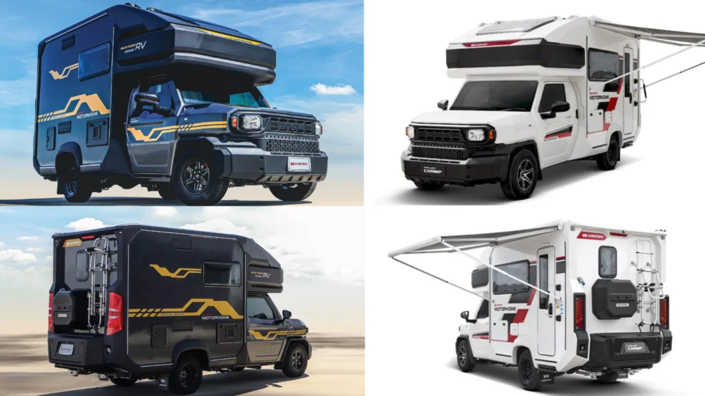 하이럭스 챔프 RV 60일 완성 ‘모바일 호텔’…태국 가격·전기세팅 총정리 블랙 스페셜과 화이트 트림을 전면과 후면으로 비교한 4분할 이미지. 펼친 전동 오닝, 후면 사다리와 외부 수납함, 측면 창과 벙커 형태가 함께 보인다.