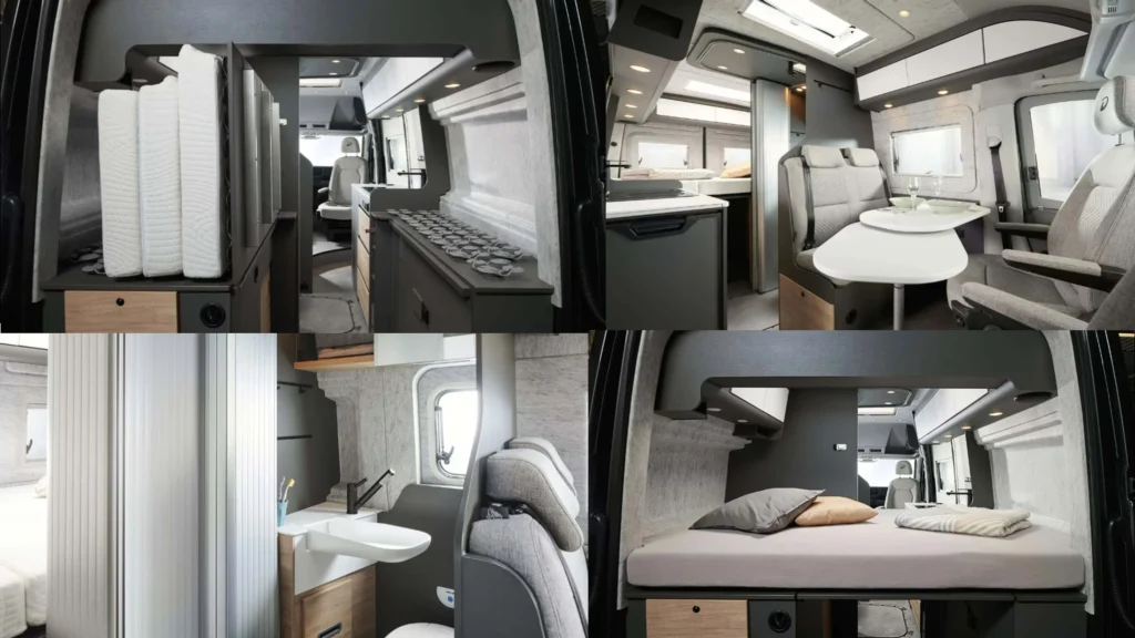 글로브트레일 600D 실내. 라움바드 샤워 롤도어와 접이식 세면대, 대면형 다이넷, 폴딩 베드와 수납