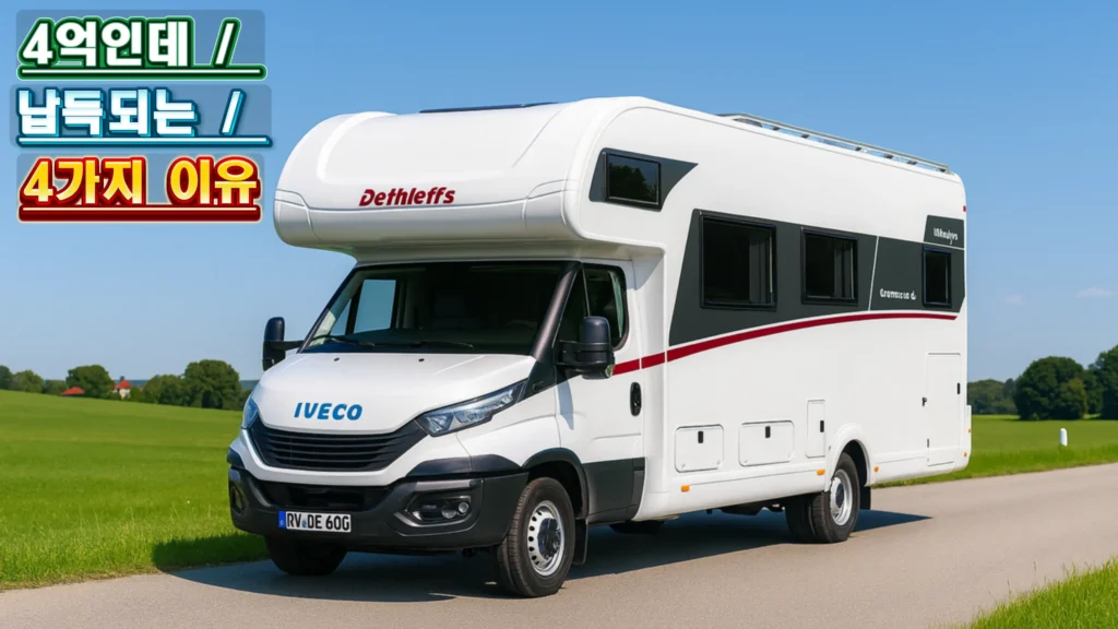 데슬레프스 글로브트로터 XXL 알코벤 캠핑카 전면 3/4 뷰, 이베코 베이스, 전원 도로 주행 장면