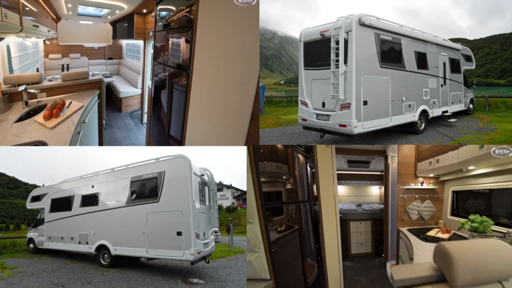 데슬레프스 글로브트로터 XXL 실내 라운지와 주방, 후면 침실과 외부 후면 모습