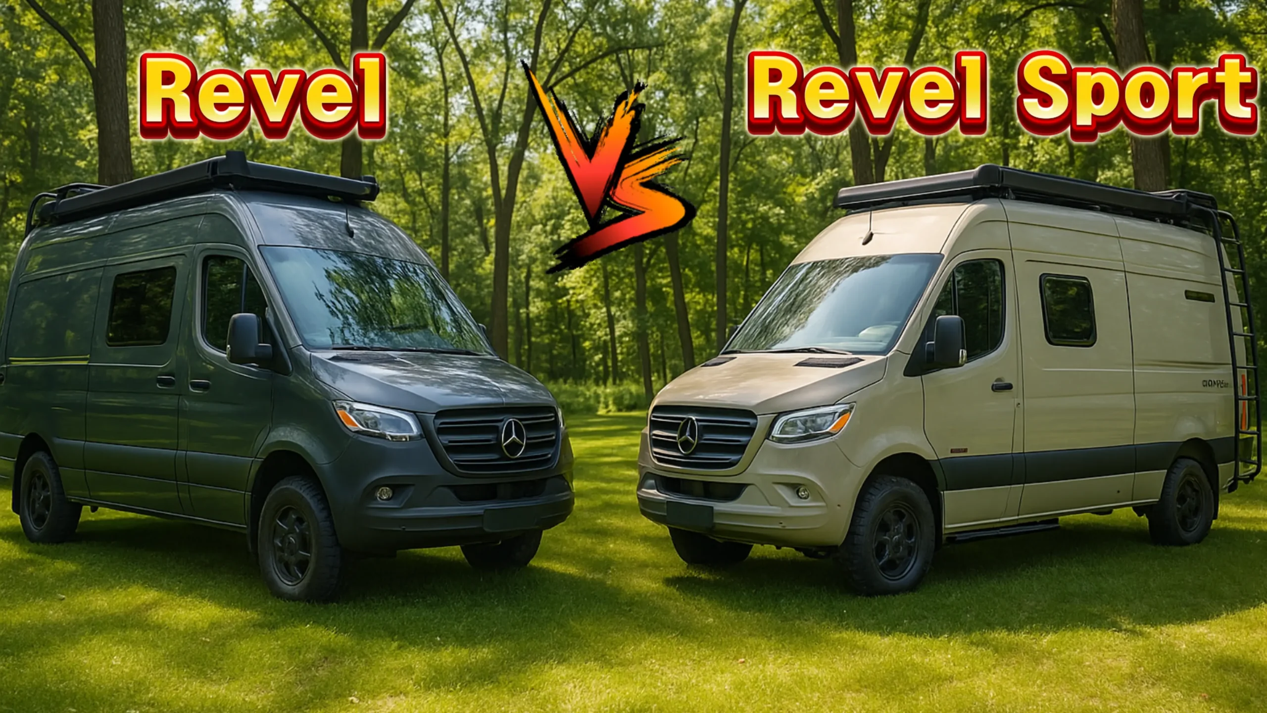 위네바고 리벨 비교 숲속에서 마주 선 위네바고 리벨과 리벨 스포트 전면 비교