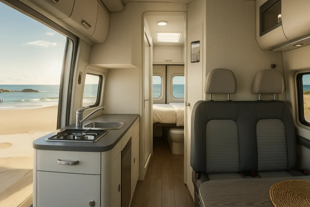 그랜드 캘리포니아 욕실 기본 장착 측면 도어를 연 상태에서 보이는 실내 싱크대와 욕실 그리고 침대로 이어지는 직선형 동선, 창밖으로 해변 풍경이 펼쳐진 장면